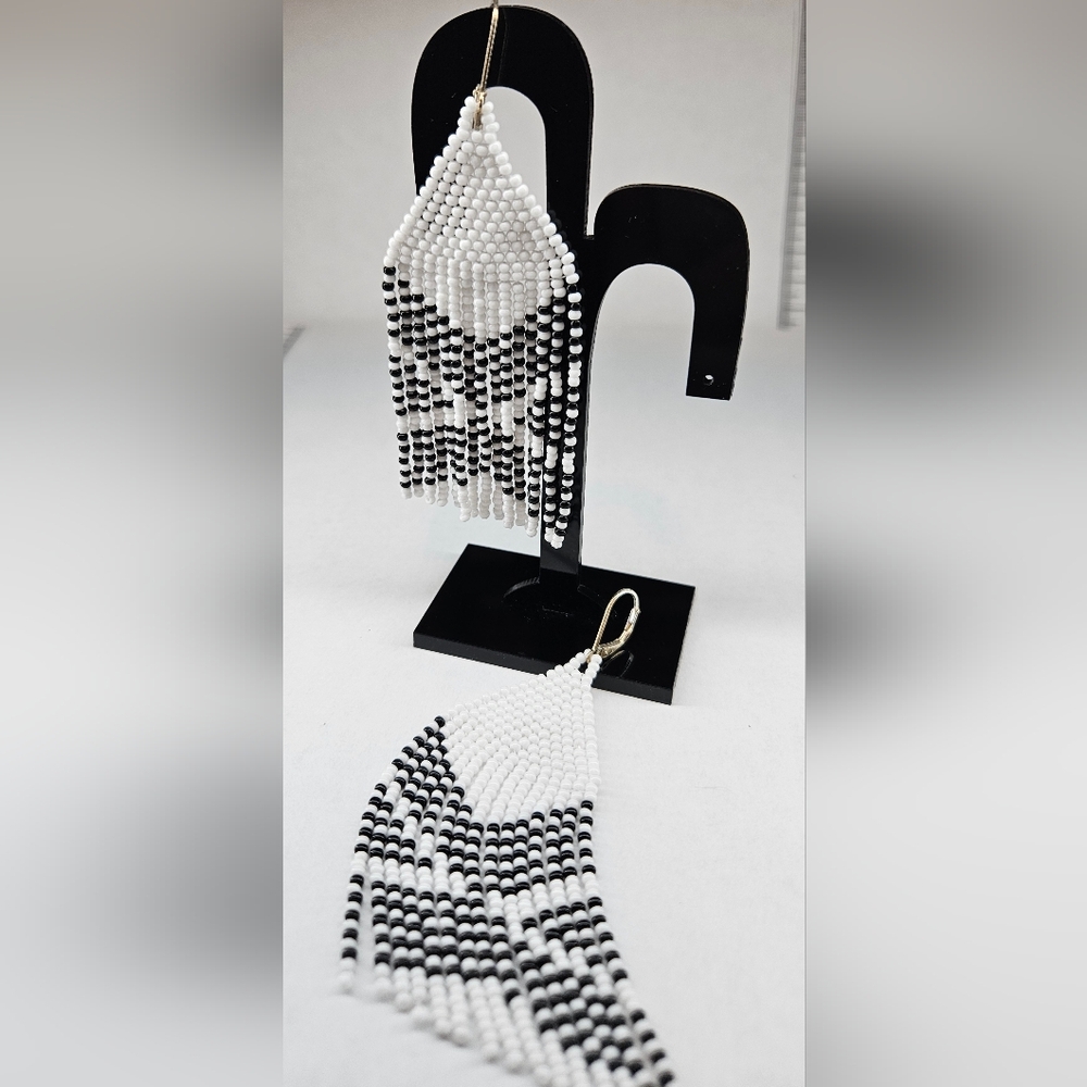 Chic Black and White Beaded Fringe Earrings